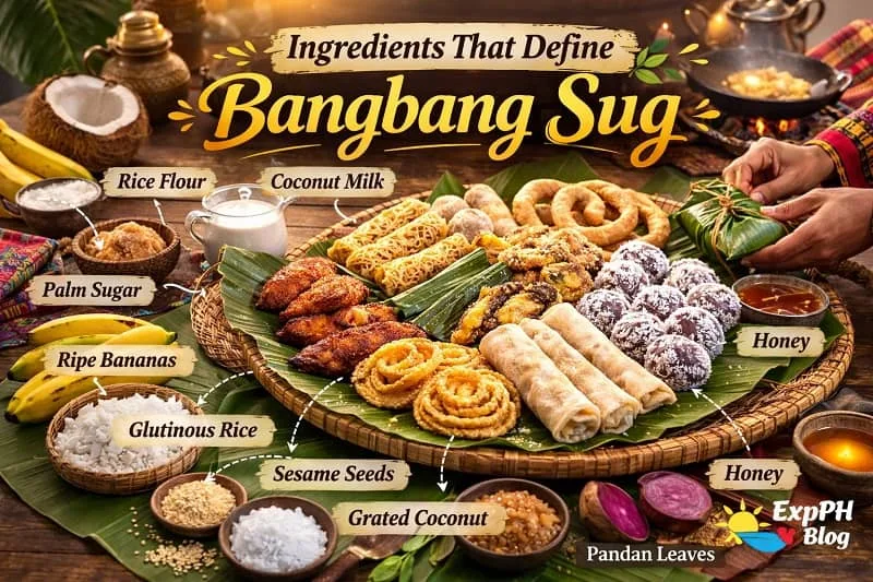 Traditional Bangbang Sug ingredients displayed on banana leaves including glutinous rice, coconut milk, and brown sugar with ExpPH Blog logo