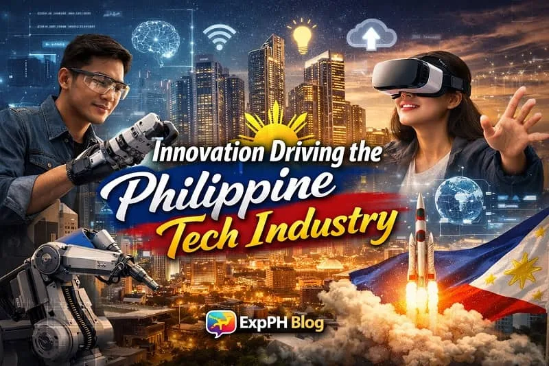 Filipino engineers and innovators using robotics and virtual reality technology in a modern city skyline, representing innovation in the Philippine tech industry with ExpPH Blog logo