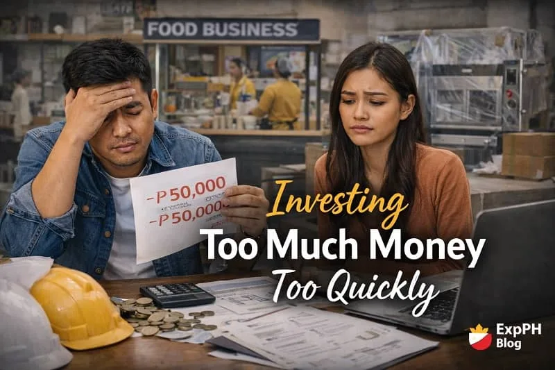 Filipino entrepreneurs looking worried while reviewing financial papers and business expenses, illustrating the risk of investing too much money too quickly when starting a business.