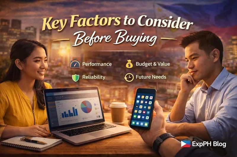 Filipino choosing laptop and smartphone with checklist for performance battery portability and budget with ExpPH Blog logo