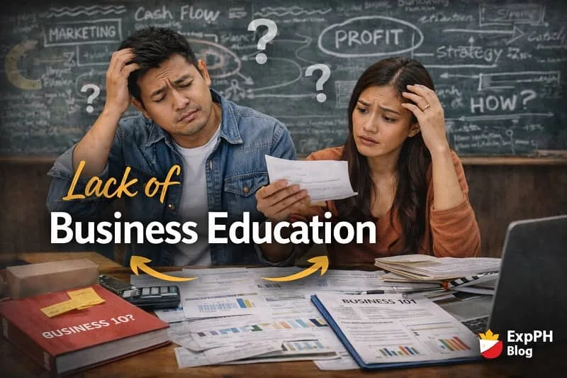 Filipino entrepreneurs looking confused while reviewing business documents, books, and charts, illustrating the challenges caused by lack of business education.