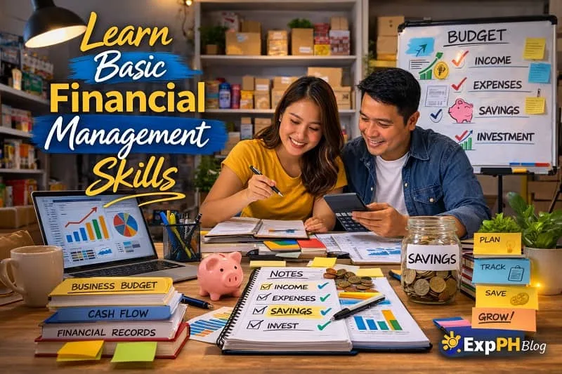 Filipino entrepreneurs learning basic financial management skills using notebooks, calculator, cash, and financial charts at a work table.