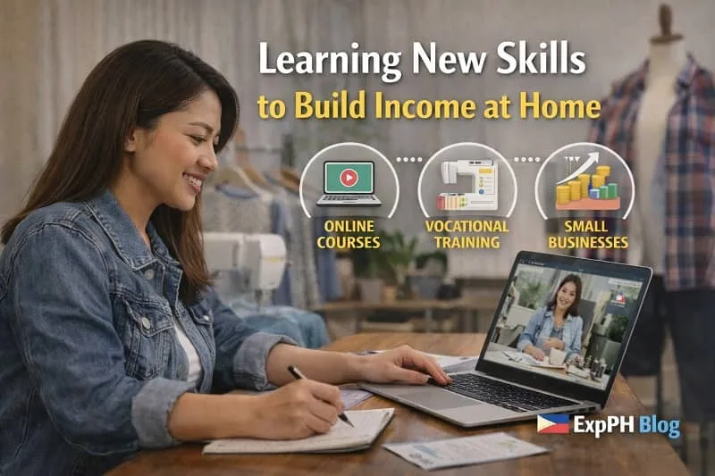 Filipina OFW learning new skills on a laptop at home while taking notes, representing online learning and income opportunities for returning overseas workers.