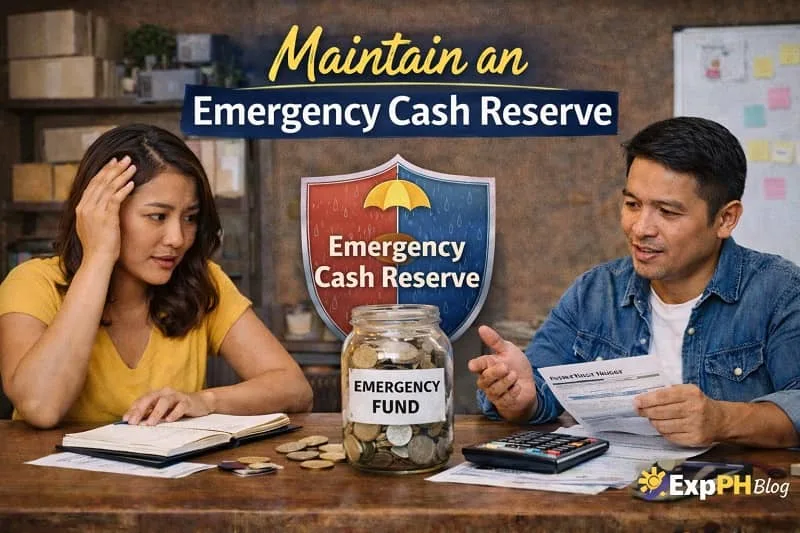 Filipino small business owners discussing emergency savings with a jar labeled emergency fund, calculator, and financial documents on a table.