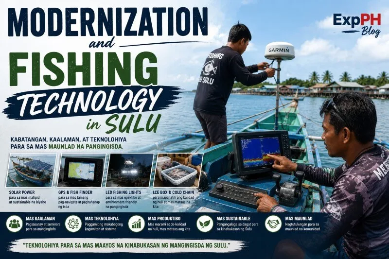 Filipino fishermen in Sulu using modern fishing equipment, GPS technology, and upgraded fishing boats along the coastal community.