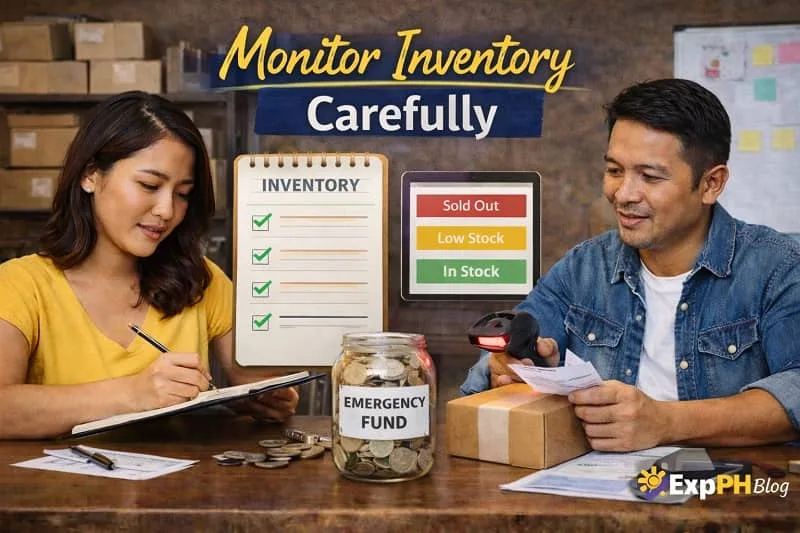 Filipino small business owners checking product inventory with a clipboard and barcode scanner while managing stock levels in a small warehouse.