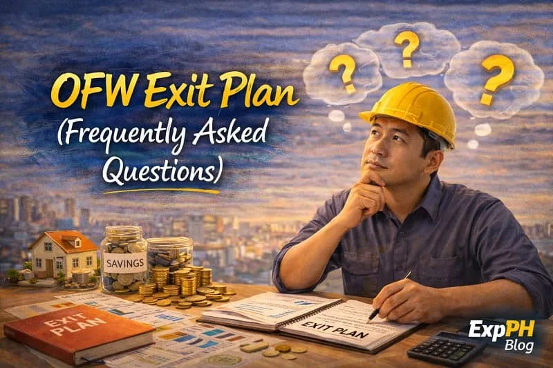 Filipino OFW reviewing exit plan notebook with question marks, savings jar, house model, and ExpPH Blog logo
