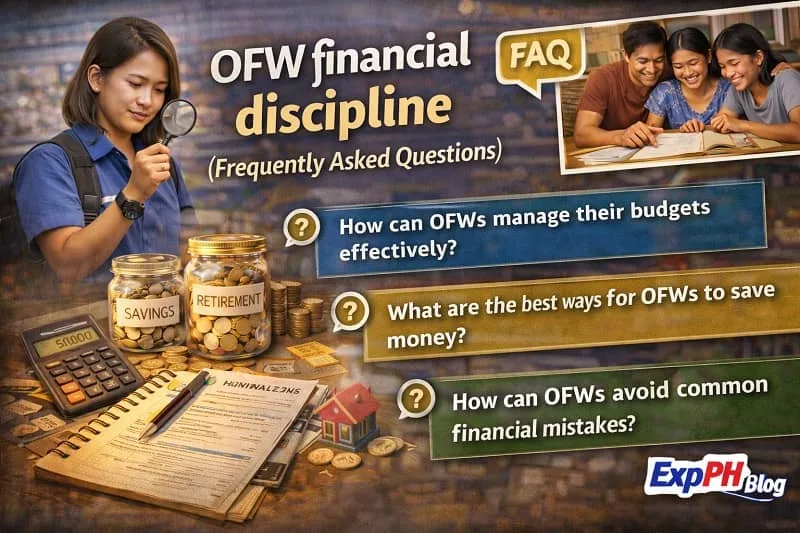 Filipino OFW reviewing savings jars, calculator, and budgeting notes while learning about OFW financial discipline frequently asked questions