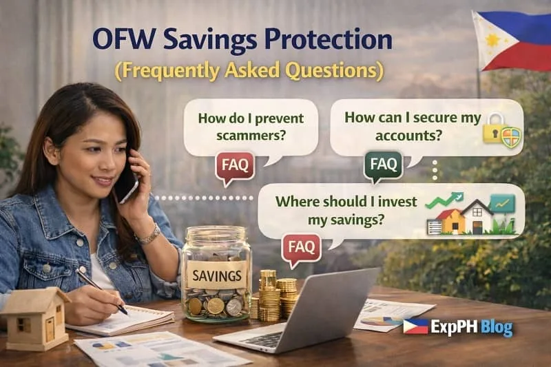 Filipina OFW reviewing savings and financial questions on her phone while planning money management at home.