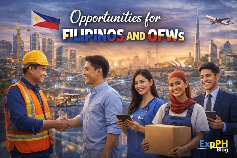 Filipino professionals and OFWs in different careers showing global job opportunities and modern work environments