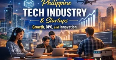 Filipino tech professionals working on laptops in a modern city with digital elements showing Philippine tech industry growth, startups, BPO, and innovation
