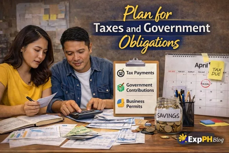 Filipino small business owners reviewing tax documents, calculator, and receipts while planning for taxes and government obligations.