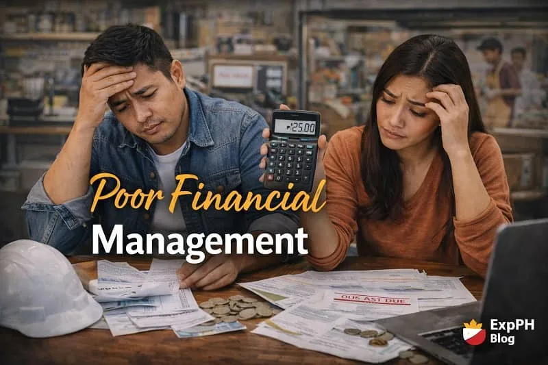 Filipino entrepreneurs reviewing receipts and bills with a calculator while looking stressed, representing the risks of poor financial management in a small business.