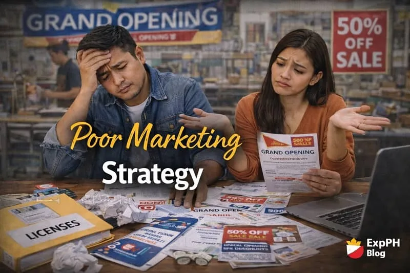 Filipino entrepreneurs looking frustrated while reviewing flyers and marketing materials, illustrating the effects of a poor marketing strategy for a small business.