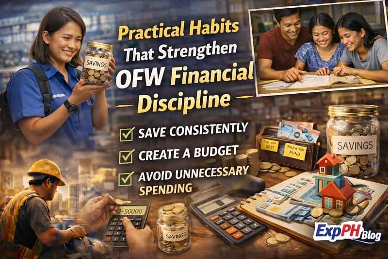 Filipino OFW saving money in a jar while reviewing a budget notebook and calculator, showing practical habits that strengthen OFW financial discipline