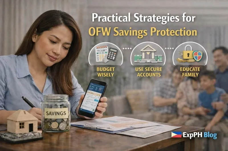 Filipina OFW reviewing savings and budget on a smartphone at home while planning financial strategies to protect her money.