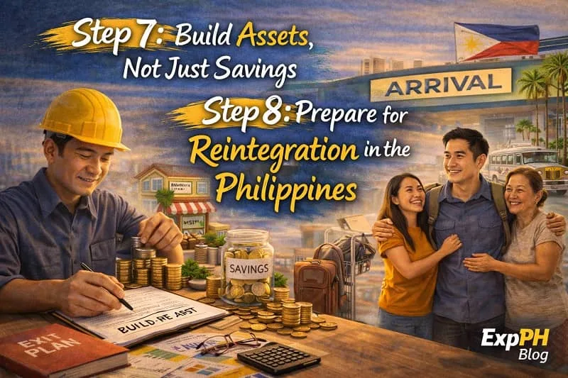 Filipino OFW building assets with savings jar and business model then reuniting with family in the Philippines, with ExpPH Blog logo