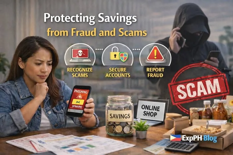 Filipina OFW checking a smartphone showing a phishing scam alert while protecting her savings at home.