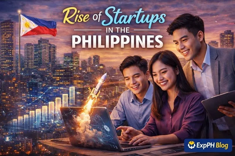 Filipino startup entrepreneurs working on laptops with digital graphs and rocket launch showing the rise of startups in the Philippines