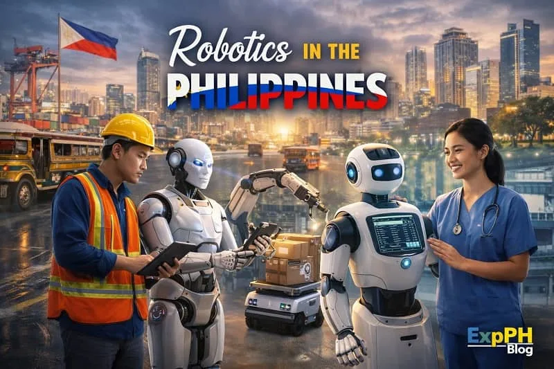 Filipino workers and healthcare professional interacting with advanced robots in a modern Philippine city setting