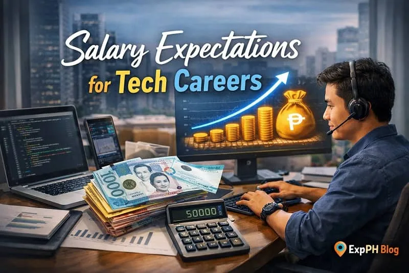 A Filipino tech professional working on a computer with coding screens, alongside Philippine peso bills, a calculator, and a rising income graph representing salary growth in tech careers.