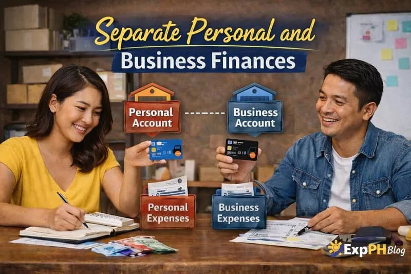Filipino entrepreneurs organizing personal and business finances with separate accounts, expenses folders, and financial documents at a work table.