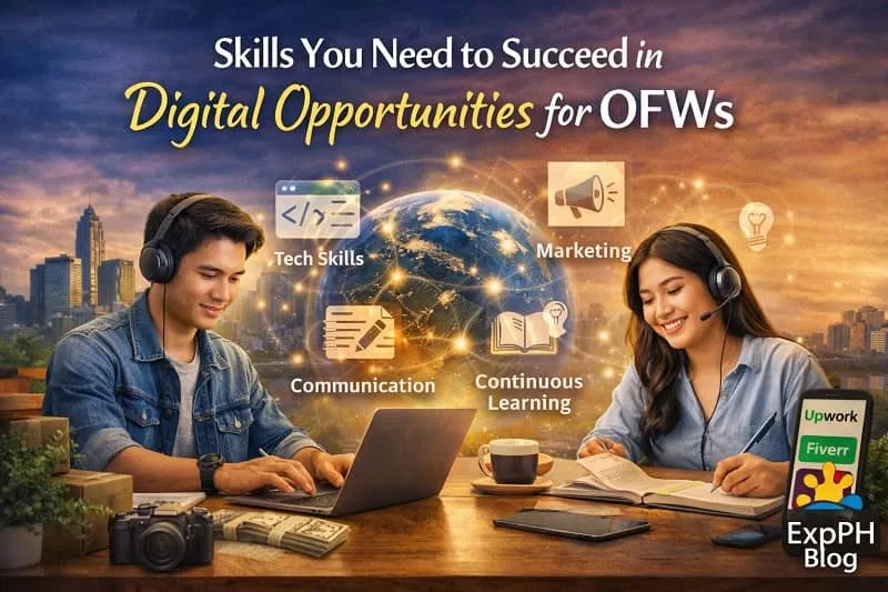 Filipino OFWs learning digital skills using laptop and online tools showing communication marketing and technical skills with ExpPH Blog logo in a realistic setting