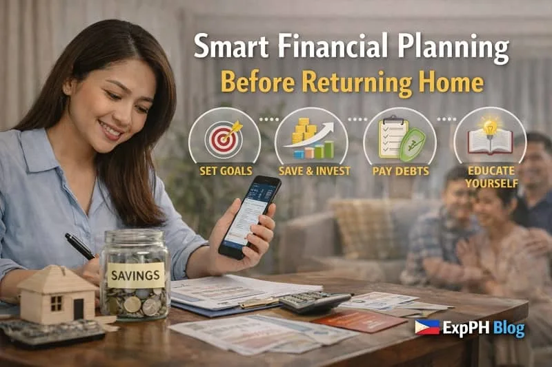 Filipina OFW planning finances and reviewing savings on a smartphone while preparing a budget before returning home to the Philippines.
