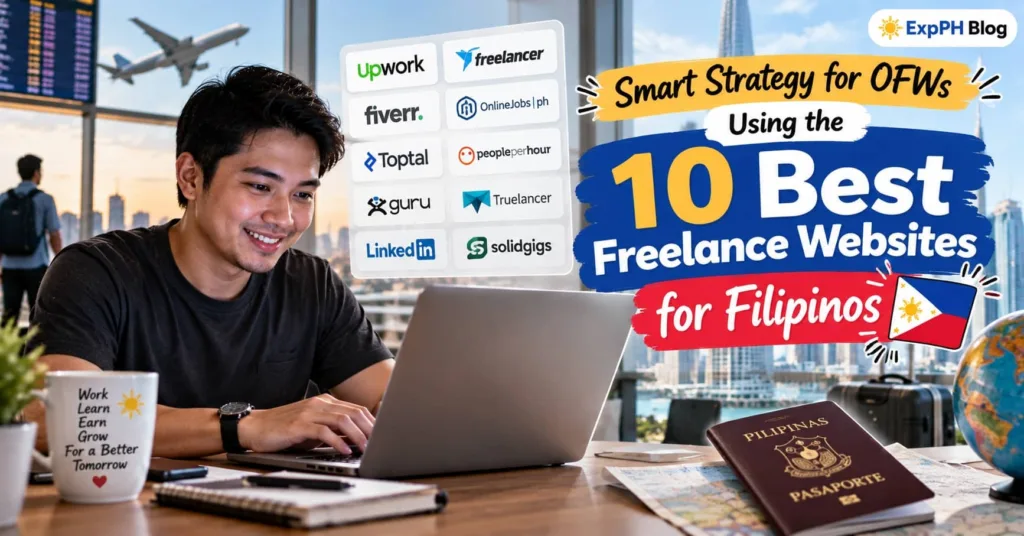 10 Best Freelance Websites for Filipinos, featuring a Filipino freelancer working on a laptop with freelance platforms and travel essentials in the background, ideal for OFWs seeking online work opportunities.