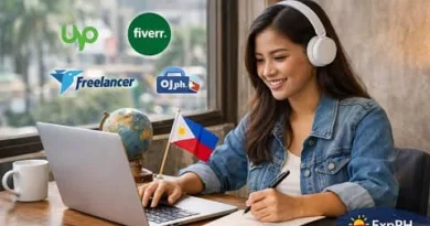 Filipina OFW working on a laptop at home with freelance platform icons and Philippine flag, representing the 10 Best Freelance Websites for Filipinos