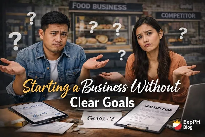 Filipino entrepreneurs looking confused while reviewing business plans and financial documents, illustrating the risks of starting a business without clear goals.