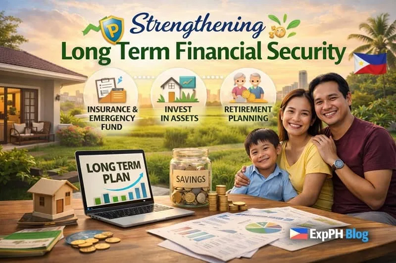 Filipino family planning long term financial security with savings jar, laptop financial plan, and investment documents at home.