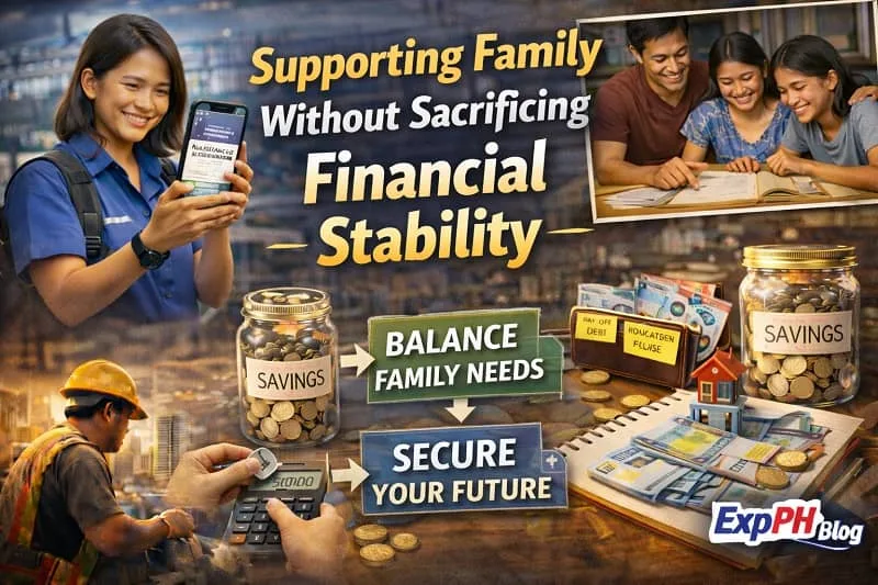 Filipino OFW sending money to family while managing savings and budgeting, showing how overseas Filipino workers support family without sacrificing financial stability