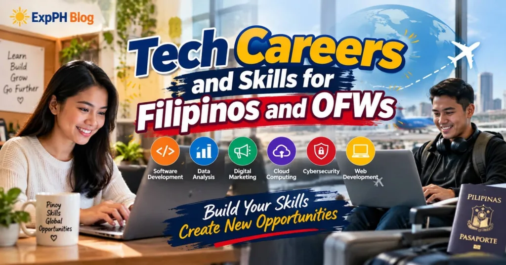 Filipino professionals working on laptops in a modern workspace, representing technology careers and digital skills for Filipinos and overseas Filipino workers (OFWs).