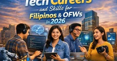 Filipino tech professionals working in programming, cybersecurity, data analysis, and digital careers with city background and ExpPH Blog logo