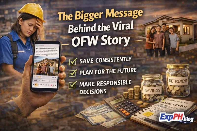 Filipino OFW reading a viral story on a phone while images of savings, financial planning, and family success show the bigger message behind the viral OFW story