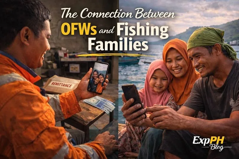Split scene of a Filipino OFW sending money abroad and a fishing family in Sulu repairing nets by the sea, with ExpPH Blog logo visible.