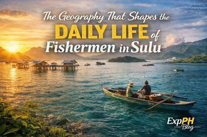 Filipino fishermen in a small boat on turquoise waters of Sulu with stilt houses and mountains at sunrise, featuring ExpPH Blog logo.