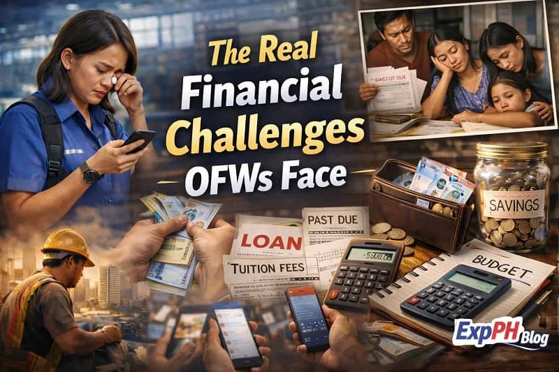 Filipino OFW abroad checking a phone while thinking about money problems, family expenses, loans, and savings, representing the real financial challenges OFWs face