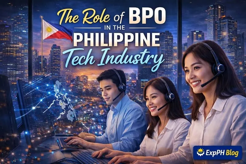Filipino call center agents working with computers in a modern city showing the role of BPO in the Philippine tech industry and digital services
