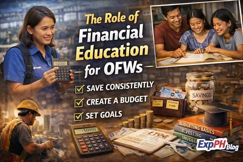 Filipino OFW learning financial skills while reviewing a calculator, budgeting notes, and savings jar, representing the role of financial education for overseas Filipino workers