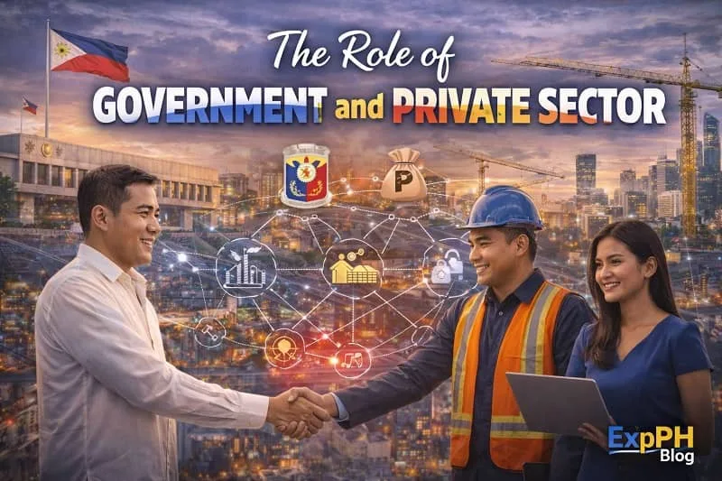 Filipino government official and private sector professional shaking hands with city development and technology network background