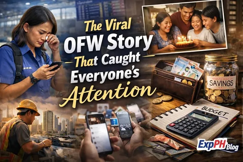 Filipino OFW abroad reading a viral story on a phone while scenes of family, savings, and budgeting highlight the importance of financial discipline
