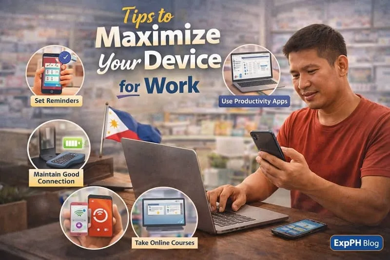 Filipino professional using a laptop and smartphone efficiently with productivity apps, multitasking, and organized workspace