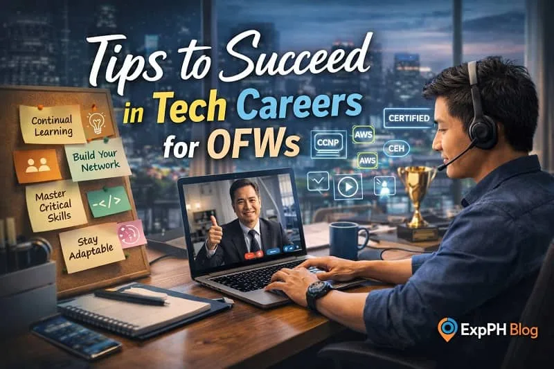 A Filipino OFW working on a laptop during an online mentoring session, with notes showing learning tips, certifications, and career growth elements in a modern workspace.