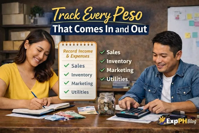 Filipino small business owners tracking income and expenses using a notebook, calculator, and cash while learning to track every peso that comes in and out.