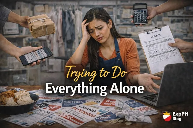 Filipino small business owner looking overwhelmed while handling many business tasks alone, including paperwork, marketing materials, and customer orders.