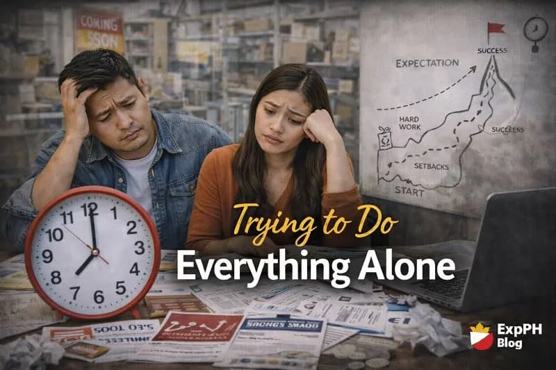 Filipino entrepreneur looking tired while working late with business papers and a laptop, illustrating the challenge of underestimating the time required for business success.