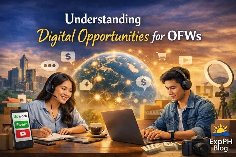 Filipino OFWs working online using laptops and digital platforms showing understanding of digital opportunities with ExpPH Blog logo in a realistic setting