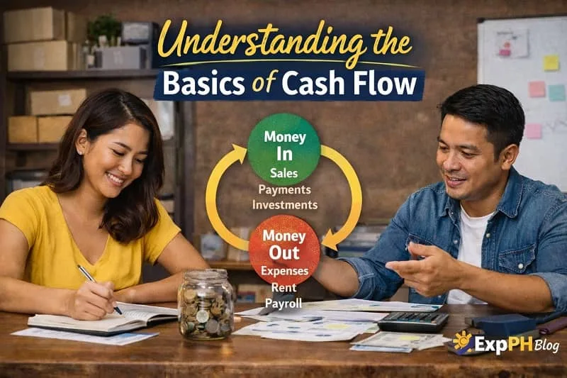 Filipino small business owners learning the basics of cash flow with money in and money out diagram, calculator, savings jar, and financial documents.
